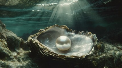 A single pearl inside an oyster shell, glowing softly under natural light, showcasing the timeless beauty of ocean gems.