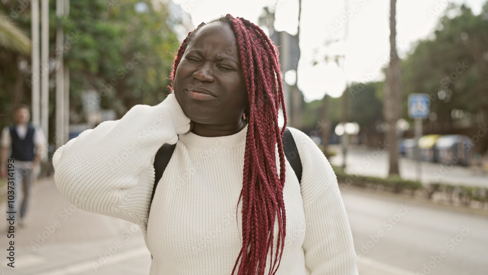 Wall mural an african american woman with red braids wearing a white sweater feels discomfort while standing on