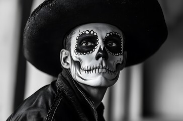 A Mexican man with his face painted like a skeleton