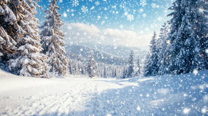 Fototapeta premium Beautiful winter landscape with snow covered trees. Winter Christmas scenic background with copy space.