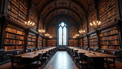 Gothic library with vaulted ceilings dark shelves of old books and elegant chandeliers