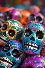 A pile of sugar skulls decorated with vibrant colors