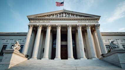 Fototapeta premium Stately government building with flag columns and grand doors