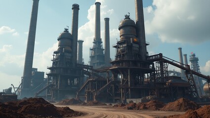 Industrial steel mill with towering chimneys and machinery