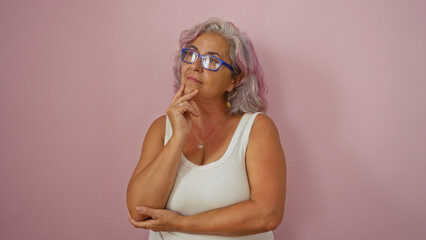 Thoughtful grey-haired hispanic woman in glasses and white tank top isolated on pink background
