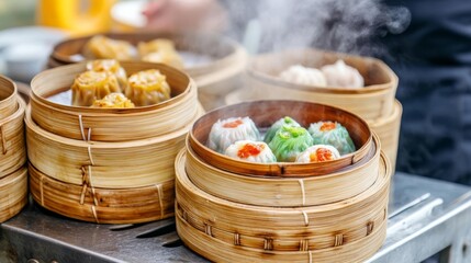 Street vendor selling dim sum, bamboo baskets, steam rising, local crowd, Asian delicacies, dim sum culture