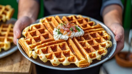 Street vendor with Belgian waffles, sweet toppings, cozy setup, festive vibe, sweet street food, fun treat