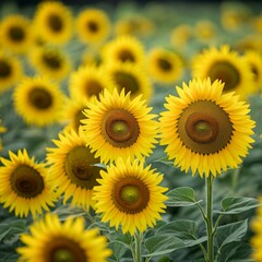 Fototapeta premium A bright field of sunflowers in full bloom, with their large, round faces facing towards the sun. 