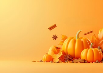 3D Pumpkin Spice Product Showcase with Glowing Pumpkins Warm Lighting and Floating Spices for an Inv