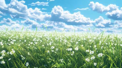 Obraz premium Anime style of a whispering meadow, a vast meadow filled with tall soft grass that sways gently in the breeze. Whispering Meadow. Illustration