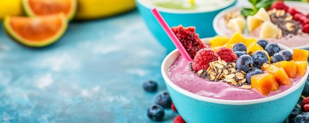 Street vendor with fresh smoothie bowls, colorful fruits, summer heat, health-focused, refreshing street food, tropical vibe