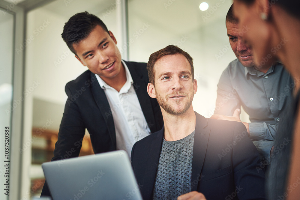 Poster Teamwork, advice and man in office with laptop, mentorship and ideas for growth, solidarity and support. Management, development and business people in meeting with discussion, strategy and planning