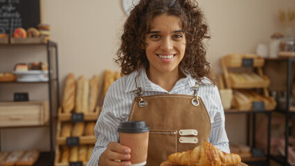 Young woman in bakery holding coffee and croissants with shelves of bread in background, smiling confidently