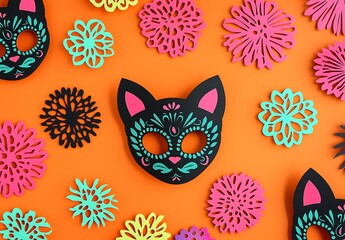 A vibrant orange background with Day of the Dead decorations