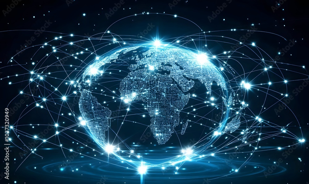 Poster a glowing, interconnected globe surrounded by sparkling lights, representing a digital or cosmic net