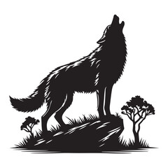 Wolf howling at the moon  silhouette vector  black color white background 