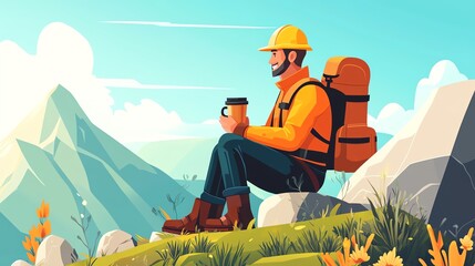 Obraz premium Man enjoying coffee while hiking in the mountains, bright colors and scenic view.