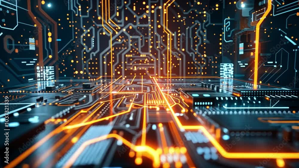 Poster A mesmerizing display of a circuit board with intricate pathways glowing in vibrant orange and blue lights, creating a high-tech atmosphere filled with energy and innovation.