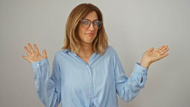 Young blonde woman in glasses shrugging with a confused expression over isolated white background