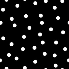 Polka dot seamless pattern. Vector illustration. White dots on black background. Trendy texture for textile, fabric, print.