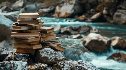 A pile of books abandoned on a rock by a river