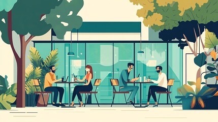 People enjoying coffee and conversation in a stylish cafe surrounded by greenery.