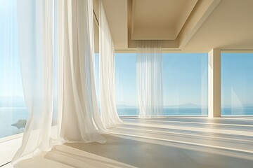 Spacious room with sheer curtains, ocean view, and sunlight streaming through large windows.