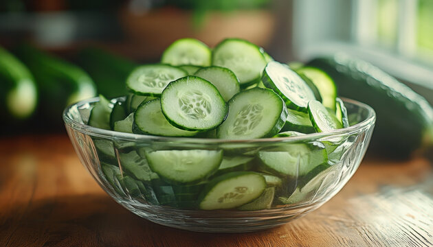 Freshly sliced cucumbers in glass bowl create refreshing and healthy display, perfect for salads or snacks. vibrant green color adds lively touch to any meal
