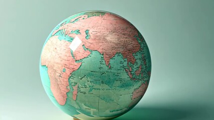 A green and pink globe sits on a mint-green surface, highlighting Asia and part of Africa