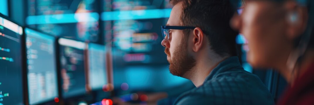 Close-up of focused programmer working on multiple screens in a modern, high-tech environment, showcasing coding and teamwork.