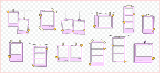 Retro cute pink polaroid photo frames background vector set collection. doodle frame polaroid border element vector illustration