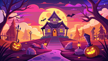 Scary Halloween Background With Pumpkins, Moon, Grave, Bat, And Haunted House Vector Illustration