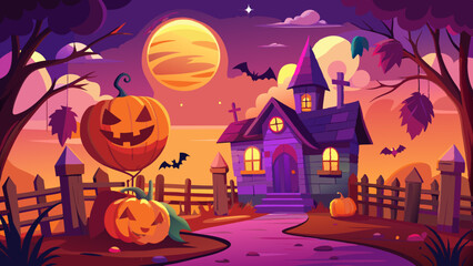 Fototapeta premium Scary Halloween Background With Pumpkins, Moon, Grave, Bat, And Haunted House Vector Illustration