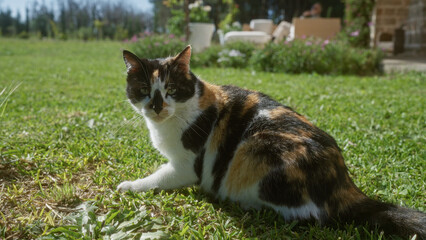 A colorful feline cat lounges on the grass outdoors, enjoying the sunshine in a serene garden setting with blurred background elements creating a peaceful patio atmosphere.