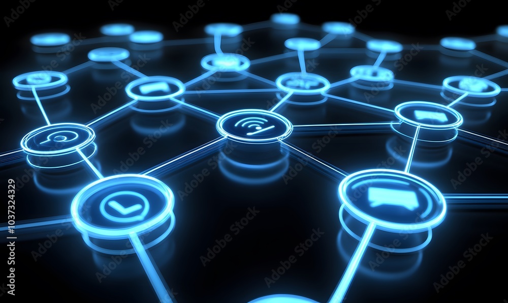 Poster a futuristic network of glowing blue icons interconnected by lines, symbolizing connectivity and dig