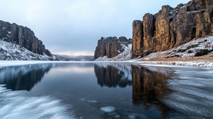 serene frozen mountain lake reflects towering cliffs and cloudy sky