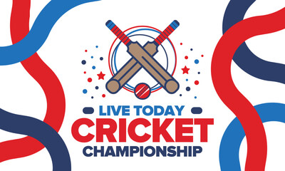 Cricket Championship. Match Day. Cricket bat and cricket ball. Tournament play-off and final. Sport game, professional competition. Play for win. Cricket match score. Fitness and recreation poster