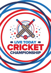 Cricket Championship. Match Day. Cricket bat and cricket ball. Tournament play-off and final. Sport game, professional competition. Play for win. Cricket match score. Fitness and recreation poster