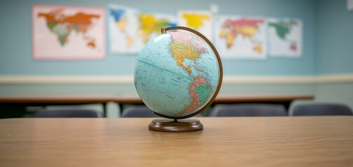 A classroom globe sits on a wooden table, surrounded by world maps on the walls, symbolizing education and geography