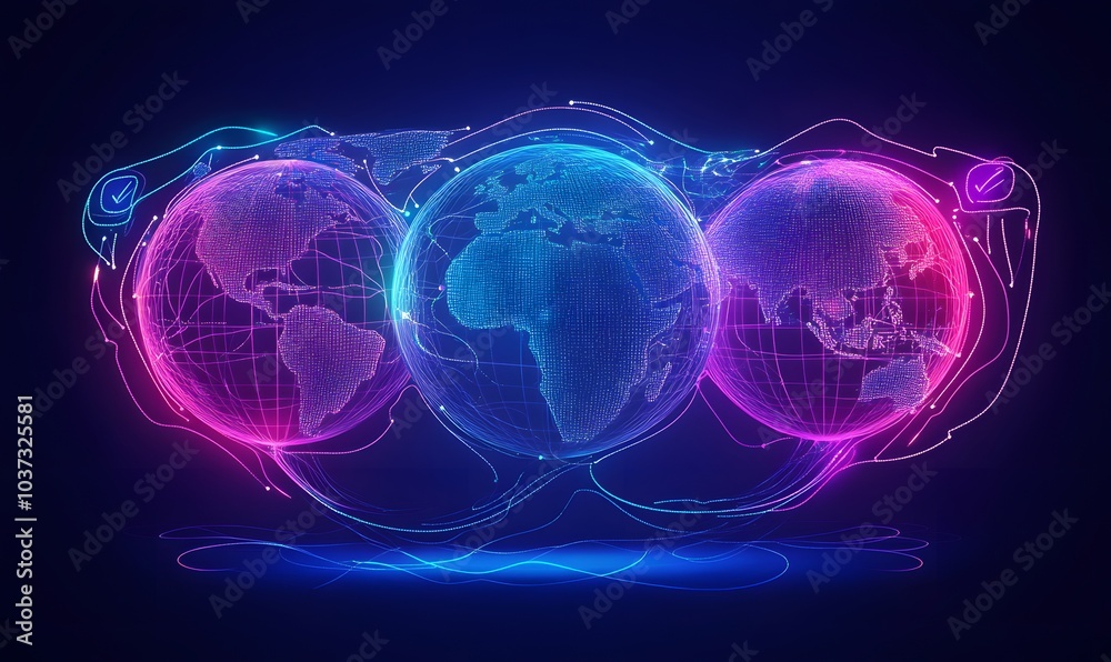 Fototapete a vibrant digital representation of three interconnected globes, featuring colorful lines and nodes 
