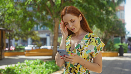 Redhead woman outdoors in city park looking at phone on sunny day