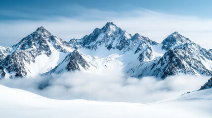 Obraz premium Majestic snow covered mountain peaks rise above low clouds, creating serene landscape
