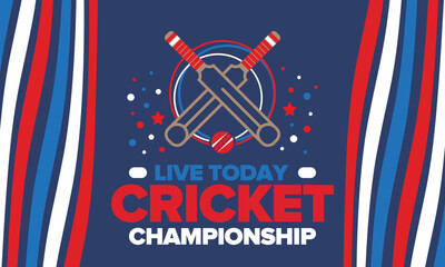 Cricket Championship. Match Day. Cricket bat and cricket ball. Tournament play-off and final. Sport game, professional competition. Play for win. Cricket match score. Fitness and recreation poster