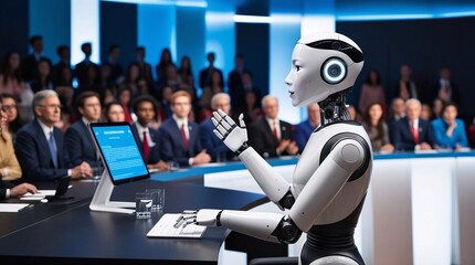A humanoid robot engages with an audience, delivering a presentation on technology at a conference. Attendees listen attentively while seated at a sleek, contemporary venue