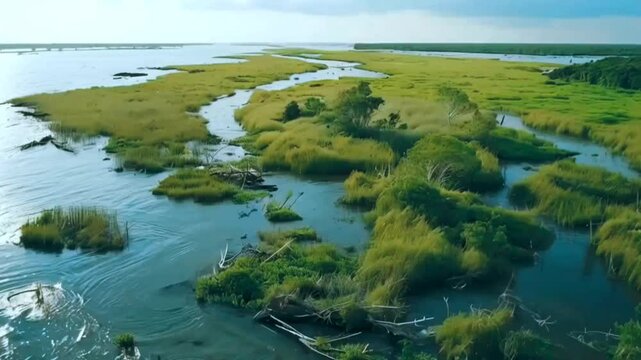 Footage of rising sea levels gradually overtaking a coastal marshland, submerging the vegetation and altering the ecosystem.