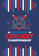 Fototapeta premium Cricket Championship. Match Day. Cricket bat and cricket ball. Tournament play-off and final. Sport game, professional competition. Play for win. Cricket match score. Fitness and recreation poster