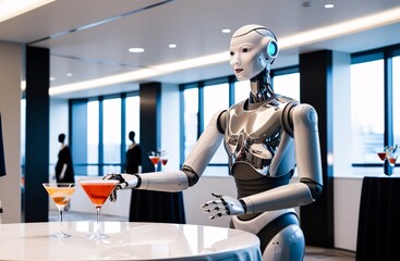 A humanoid robot expertly pours cocktails into elegant glasses at a sleek urban venue. Guests mingle in the background as the atmosphere buzzes with excitement during a lively evening gathering