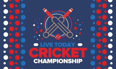 Obraz premium Cricket Championship. Match Day. Cricket bat and cricket ball. Tournament play-off and final. Sport game, professional competition. Play for win. Cricket match score. Fitness and recreation poster