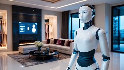 The humanoid robot is positioned in a stylish living room, surrounded by contemporary furniture. Soft lighting enhances the elegant interior, illustrating a blend of technology and modern design