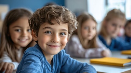 Obraz premium primary elementary school group of children studying in the classroom. learning and sitting at the desk. young cute kids smiling, high quality photo